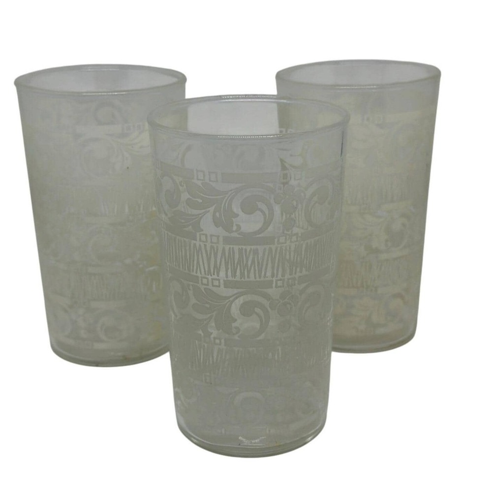 VTG Anchor Hocking White Mist Glass Tumblers | Set of 3, Floral & Scroll Pattern
